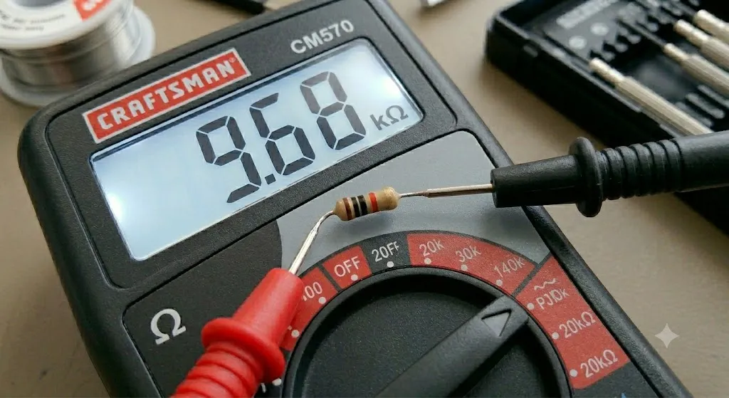 Multimetro midiendo una resistencia de 10k marcando 9.68 k ohmios Multimetro midiendo una resistencia de 10k marcando 9.68 k ohmios