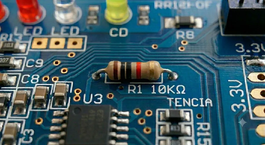 Colores de resistencia de 10KΩ - 10,000 5 bandas ohms Circuito PCB con una resistencia de 10k